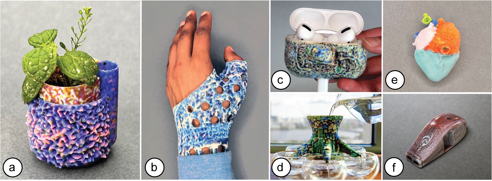 Figure 8: Application scenarios for Style2Fab (all models sourced from Thingiverse): (a) A multi-component self-watering
							planter styled as “A rough multi-color Chinoiserie Planter”. (b) A personalized Thumb Splint styled like “a blue knitted sweater”.
							(c) A personalized AirPods cover “in the style of Moroccan Art”. (d) A Drinks Dispenser model styled as “made of vintage mosaic
							glass tiles”. (e) A color-coded, textured educational model of the human heart. (f) A functional whistle styled as “A beautiful
							whistle made of mahogany wood”