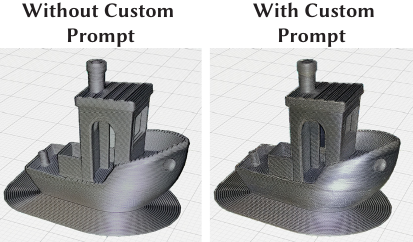 Two preview images of a silver boat: one generated without a custom prompt and one with a custom prompt (e.g., emphasizing shininess). The prompted version appears more strongly biased toward the described visual property (more 'shiny'), illustrating optional user control through text prompting.