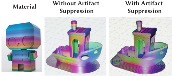 A before/after comparison showing the effect of artifact suppression when cropping the material exemplar to remove background/irrelevant structure. The 'without suppression' preview shows an unintended transferred artifact (e.g., a spurious hole-like feature); the 'with suppression' preview reduces or removes this unwanted artifact.